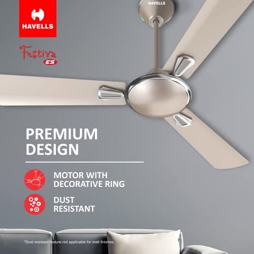 Havells 1200mm Festiva ES Ceiling Fan| Premium Finish| Energy Saving| Designer Fan for Home Decor| Elegant Looks| 230 m³/min Air Delivery| Hi-Speed Low Noise| 100% Copper Motor (Pack of 1, Gold Mist) 4
