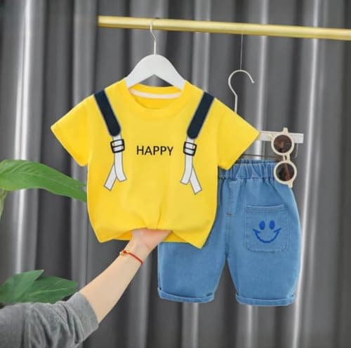 Indhrani Garments Kids Clothes for Boys | Cotton T-shirt and Denim Shorts for Baby Boys | Baby Boy Dress Clothing Set, Yellow 6-12 month 2