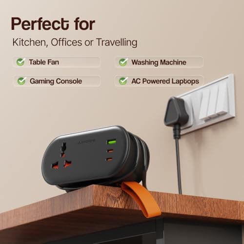 Ambrane Foldable Extension Board, 2 Type C & USB, Perfect for Office, Kitchen, Travels, Charge 4 Devices, Compact Size, AC Socket 2500W, 20W Fast Type C Charging, 1.5m Long Cable (Smartstrip 3 Black) 4