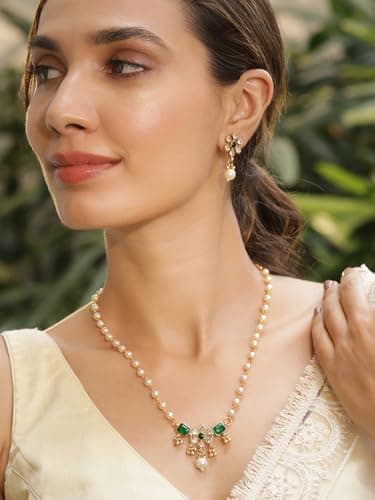 Rubans 22KT Gold Plated Brass Emerald Stone Studded Beaded Pendant Set For Women 2