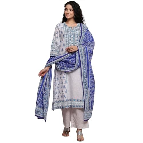 Biba Women Blue Cotton Straight Suit Set_34