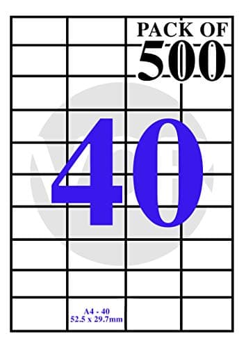 VCR A4 Size White Self Adhesive Label/Sticker for Printer (Inject/Copier/Laser) - 40 Sticker Per Sheet - 500 Sheets Pack