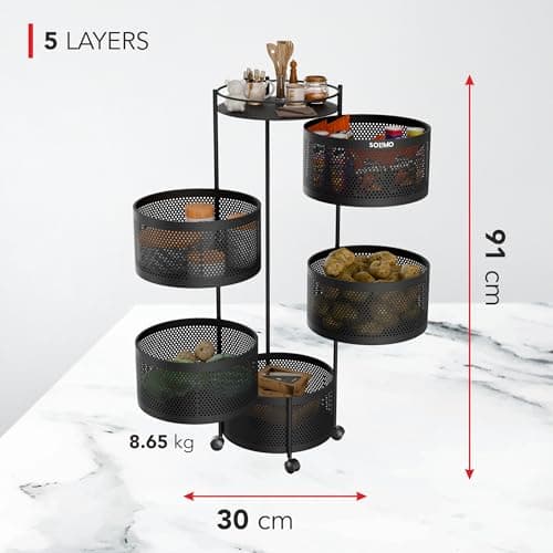 Amazon Brand - Solimo 360° Revolving Preassembled Portable 5 Layer Round Multipurpose Storage Kitchen Rack Carbon Steel Fruit Vegetable & Spice Trolley with Wheels for Kitchen Organizer(Matte, Black) 4