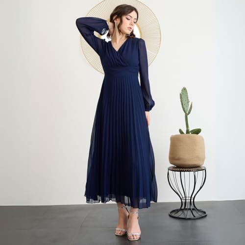 Berrylush Women Solid Navy Blue V-Neck Long Puff Sleeves Pleated Empire Maxi Dress 2