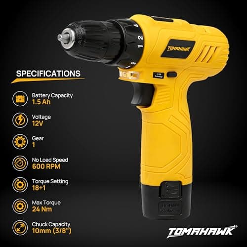 TOMAHAWK® 12V Cordless Drill/Screwdriver | 10mm (⅜”) Keyless Chuck | 2-Speed (350/1350 RPM) | Single Battery 1.5Ah | 28Nm Torque | LED Light | For Home, DIY, Wood & Metal Work 2