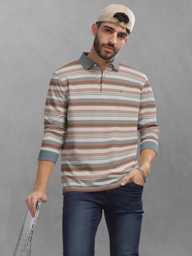 BULLMER Striped Textured Printed Polo Neck Fullsleeve T-Shirt with Rib for Men_Brown_Medium 5