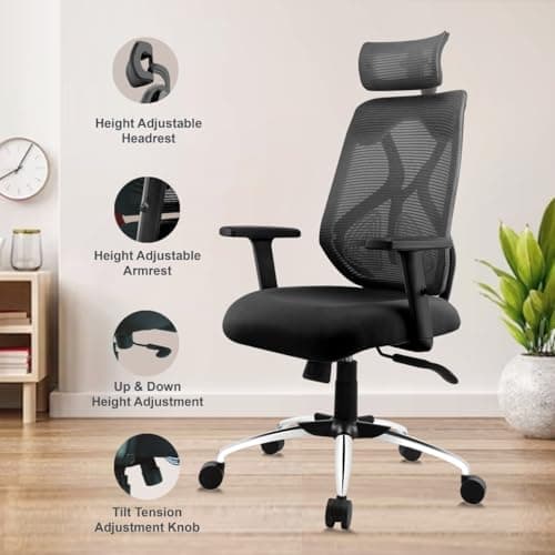 ASTRIDE Ergofit Ergonomic Office Chair for Home | 3-Years Warranty | 2D Headrest, Adjustable Arms & Lumbar Support | Tilt Lock Mechanism [Heavy Duty Chromium Metal Base, Black] 2