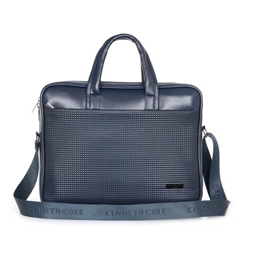 KENNETH COLE Unisex PU 15.6 Inch Laptop Bag | Premium Faux Leather, Padded Compartments | Textured, Professional Office Briefcase with Adjustable Shoulder Strap | For Men & Women | NAVY BLUE