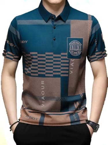 Men's Irregular Geometric Pattern and Alphabet Print Sports Collar Tshirt (Rizim Temu Print Polo-Blue001-XL)