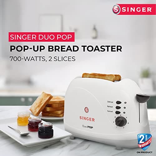 Singer Duo Pop- Pop-Up Toaster | 2 Slice | 700 Watt | White 3