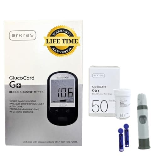 ARKRAY Glucocard G+ Advance Glucometer Kit | 50 Test Strips (Bottlepack) + 25 Lancets + Lancing Device | Sugar Testing Machine for Home Use | Made in India | Japanese Technology