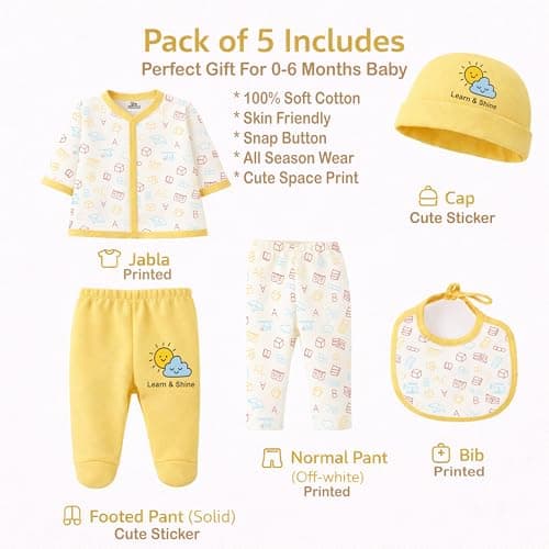 Kidbee Baby Clothing Gift Set for Boys & Girls, 5 Piece Newborn Clothing Combo with Front Open Top, Pajama, Printed Pant, Cap & Bib, Soft Cotton, 0–6 Months Baby (Yellow-CMB-501) 5