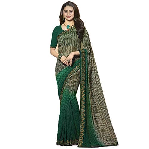RAJESHWAR FASHION WITH RF Women's Checkered Printed Georgette Sarees For Women With Jacquard Lace Border & Blouse_Dark Green