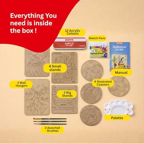 Kores Madhubani Art Kit for Kids (8–18 Years) | Traditional Indian Folk Art DIY Kit | Paint 4 Coasters & 2 Wall Hangers | 40+ Elements | Creative Craft Set 2