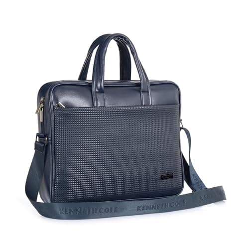 KENNETH COLE Unisex PU 15.6 Inch Laptop Bag | Premium Faux Leather, Padded Compartments | Textured, Professional Office Briefcase with Adjustable Shoulder Strap | For Men & Women | NAVY BLUE 2