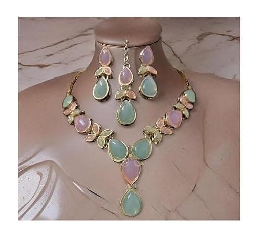 Alloy Multi Stone Necklace Earrings Maangtika Set Adjustable Ethnic Jewellery Women Festive Multi Free Size 3