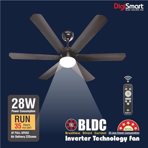 DIGISMART Autum Hexa 1200mm BLDC Ceiling Fan | 6 Blade | 28W | 5 Star | Remote, LED Light, Timer | Smoke Brown | Pack of 1 2