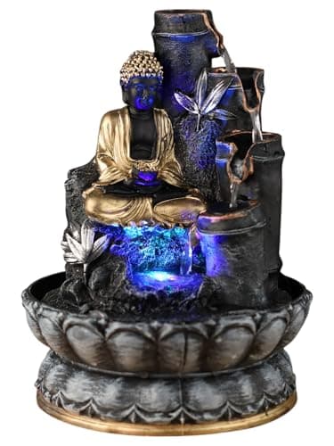 VIAVRS Black-Gold polyresin Buddha Water Fountain with led Light for Home Decor Living Room Office or Garden Indoor Waterfall Fountain Gift 4