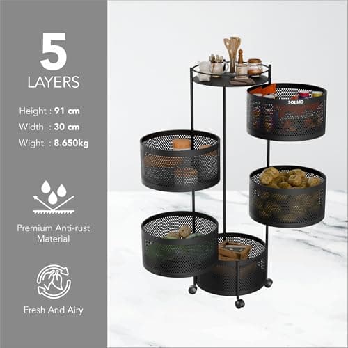 Amazon Brand - Solimo 360° Revolving Preassembled Portable 5 Layer Round Multipurpose Storage Kitchen Rack Carbon Steel Fruit Vegetable & Spice Trolley with Wheels for Kitchen Organizer(Matte, Black) 3