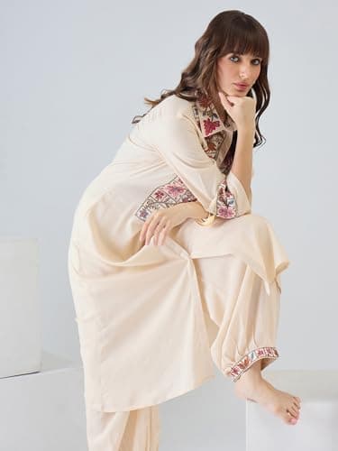 INDO ERA Women's Viscose Rayon Ethnic Motifs Embroidered A-Line Calf Length Kurta & Salwar Set (Beige_IESTR11220_Large) 2