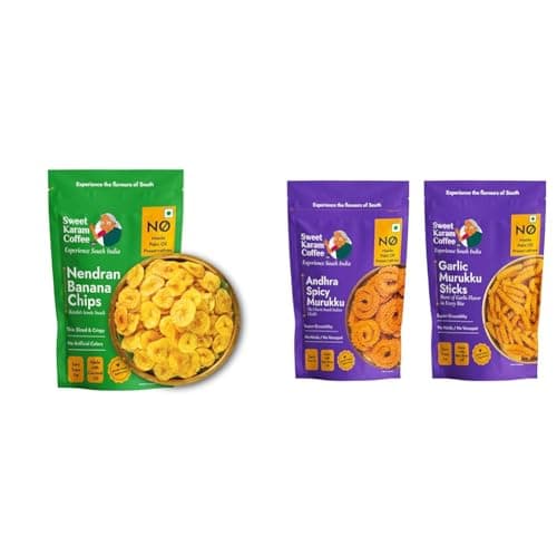 Sweet Karam Coffee Nendran Banana Chips – 200 grams | Made with 100% Coconut Oil | No + Sweet Karam Coffee Andhra Spicy & Garlic Murukku Combo | No Palm Oil | No Preservatives | South