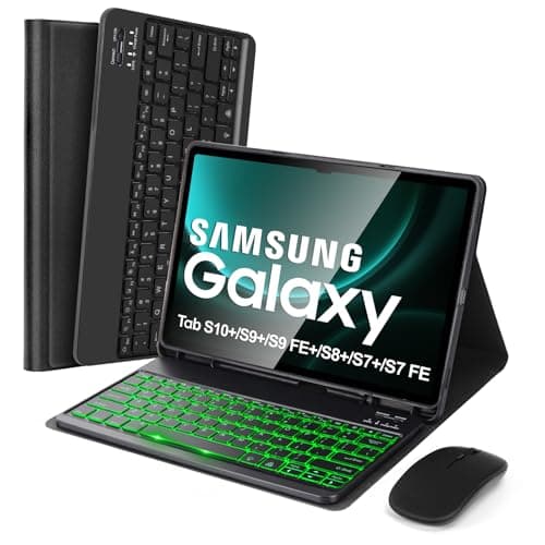 SOPPY 7 Colors Backlit Keyboard Case with Mouse for 12.4" Samsung Galaxy Tab S7 FE/S7 Plus/S8 Plus/S9 FE Plus/S9 Plus, Wireless Keyboard with Case & Pen Holder for Samsung Tab 12.4 Inch, Black