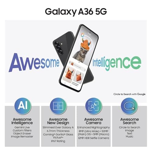 Samsung Galaxy A36 5G (Awesome Black, 8GB, 128GB) | Awesome Intelligence: Circle to Search, Intelligent Editing | Awesome 4nm Snapdragon Processor | Flagship Grade Selfie Camera 2