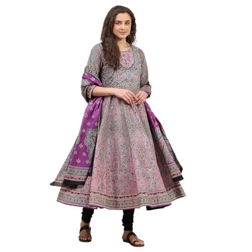 Biba Women Purple Cotton Printed Anarkali Suit Set_38