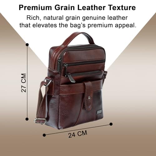 Rich Born Front Ribbon Flap Genuine Leather Men’s Sling Bag | Multi-Pocket Crossbody Messenger with Top Handle, Front Zip Pocket, Adjustable Strap | Compact Travel & Office Everyday Carry|Brown 3