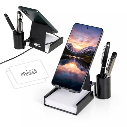 Metawood Metal Mobile Stand with Quick Notes & Pen Holder | Desk Organiser Phone Stand | 200 Writing Sheets | Universal Holder for Smartphones & Tablets (Mobile Stand + Writing Pad)