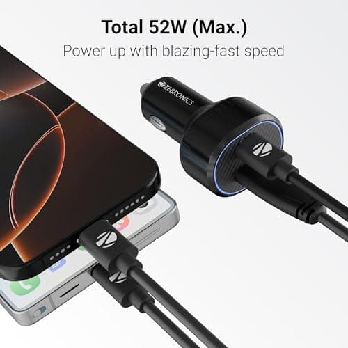 Zebronics 52 Watts Car Charger, Dual Output - USB (22W),Type C (30W), Included 1m Type-C 60W Cable, Rapid Charge, PPS Tech, Compact Design, for Smartphones, iPhones, Tablets, Earbuds (CC52) 3