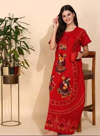Women's Cotton Maternity Nightdress, Maxi Length Nighty, Printed (RED, L) 5