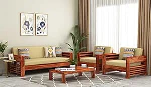 Home furniture Wooden Sofa Set for Living Room and Office (5 Seater (3+1+1), Natural Teak Finish (Feltro Design), Cream/Brown)