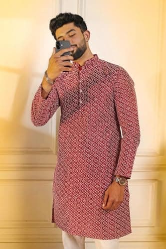 LookMark Men’s Printed Silk Blend Kurta with Mandarin Collar, Full Sleeves, Straight Fit Traditional Ethnic Wear-(AZ-LM-OG1-KURTA 33 Maroon-M) 3