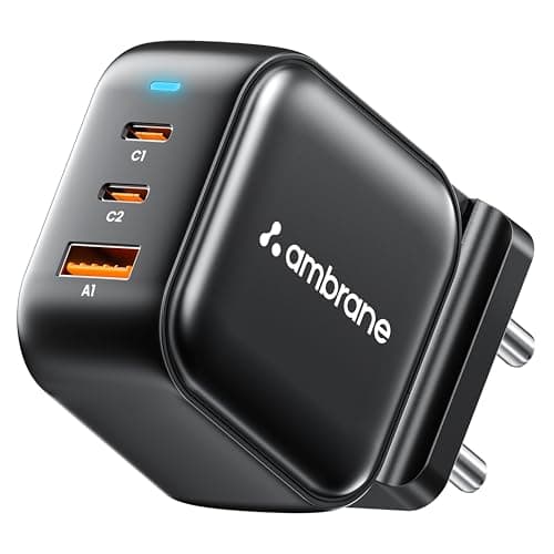 Ambrane 65W Charger Adapter, 3 Ports - 2 Type C & 1 USB for Samsung, Type C Laptops: MacBook, Dell, HP, ASUS, Fast Charger with PD Technology & GaN Technology for All Devices (RAAP G65, Black)