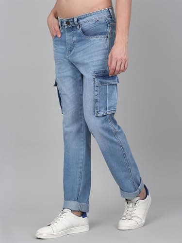 Cantabil Light-Blue Men Solid Full Length Regular Fit Denim Cargo Pant | Casual Denim Cargo Pant for Men | Denim Cargo Pant for Men (MCRG00011_LTHILLIUM_32) 2