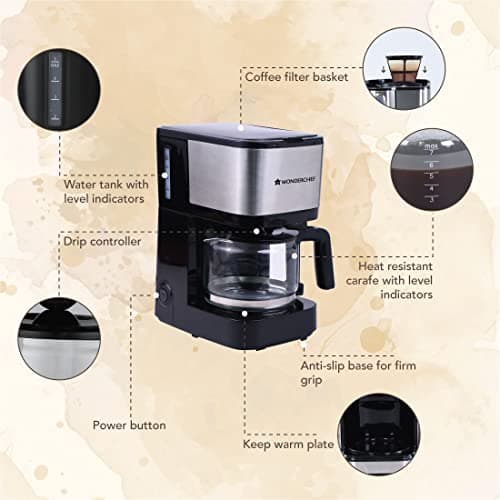 Wonderchef Regalia Pronto Coffee Maker 600W |Coffee Brewer Machine for Home & Office|750ml Borosilicate Glass Carafe||6 Cups Coffee| Black & Silver|Keep Hot Plate |2 Year Warranty 4