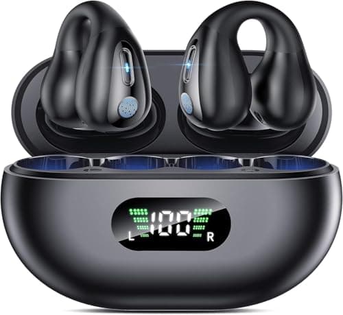 NUPLEA Open Ear Clip Headphones, Bone Conduction Headphones Wireless Earbuds Bluetooth 5.3 Sports Earphones Built-in Mic with Ear Hooks, IP7 Waterproof Fitness Ear Buds for Running 1