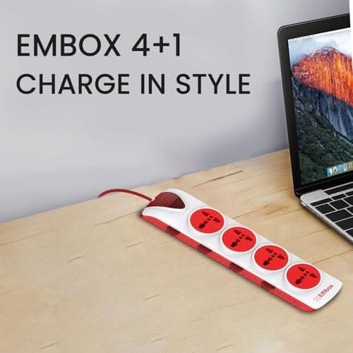 EMBOX Extension Board with Switches 1500 W, 4 Universal Sockets Individual Switch 6 amp Spike Guard LED Indicator and Safety Shutter Cord 2 Meter 5