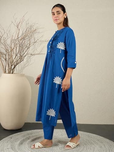 INDO ERA Women Blue Pure Cotton Co-Ord Set | Kurta Pant Set for Casual Wear,IESTR11685M | Cord Set For Women Cotton | 5