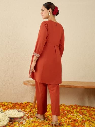 INDO ERA Women Rust Pure Cotton Co-Ord Set | Kurta Pant Set for Casual Wear,IESTR11561M | Co Ord Set For Women Stylish | 4
