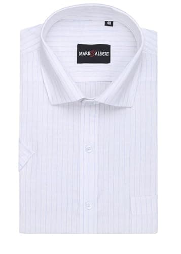 MARK & ALBERT Men's Half Sleeve Cotton Linen Striped Shirt Pure White