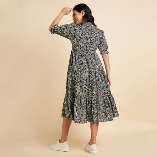 Azira 100% Cotton Printed Fit & Flared Mandarin Collar Midi Dress | Casual Dress | Dress for Woman | Summer Dress Blue 5