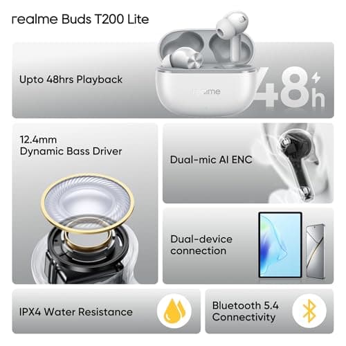 realme Buds T200 Lite Bluetooth in Ear Earbuds,4 Mic, AI ENC for Calls,48 Hours Total Playback with Fast Charging and Ultra Low Latency Gaming TWS,Google Fast Pair,with mic (Storm Grey) 5