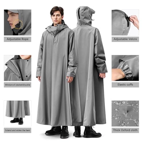 PALAY® Long Rain Coat, Waterproof Raincoat for Adults Reusable Hooded Rain Poncho with Wide Brim Lightweight Unisex RainCoat for Hiking, Travel, Motorcycle Riding (Length 126cm) 4