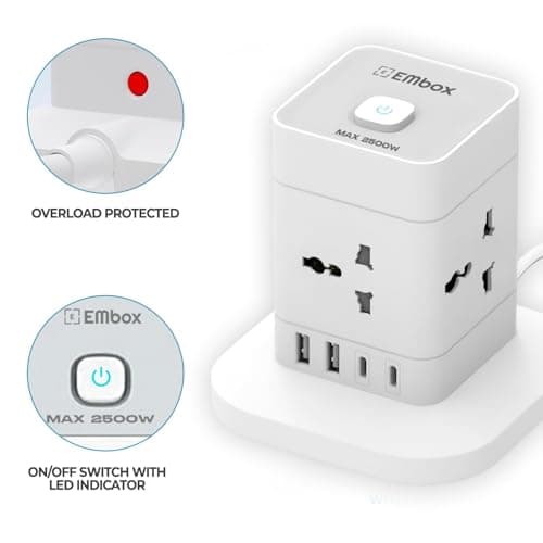EMBOX Cube Extension Board with USB Type C | 2500W Extension Board with Switches | Extension Cord with 4 Universal Sockets Safety Shutter & Overload Protector (Power Hub - 5mtr) 3