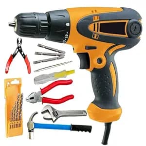 Electric Screwdriver Drill Machine 350W, Copper Armature, Chuck 10mm, 750 RPM With Claw Hammer, Pliers, Wire cutter, Line Tester, Adjustable Wranch, Masonry Drill Bit Set,Home Drill tool Kit
