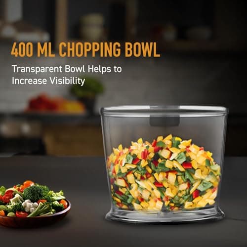 KENT Electric Chopper-B for Kitchen 300 Watt | Chop, Mince, Puree, Whisk, 400 ml Capacity | Stainless Steel Double Chopping Blades | Transparent Chopping Bowl | Anti-Skid | One Touch Operation | Black 5