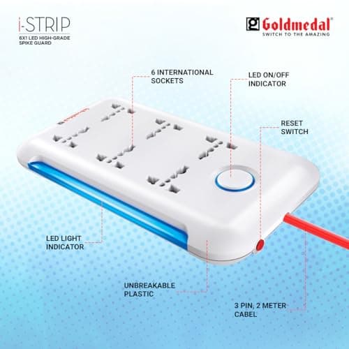 Goldmedal i-Strip High-Grade Extension Board | 6 Universal Sockets | 2-Meter Extension Cord with Surge Protector | Master Switch & LED Indicator | Multi Plug Socket for Home & Office | (White) 2