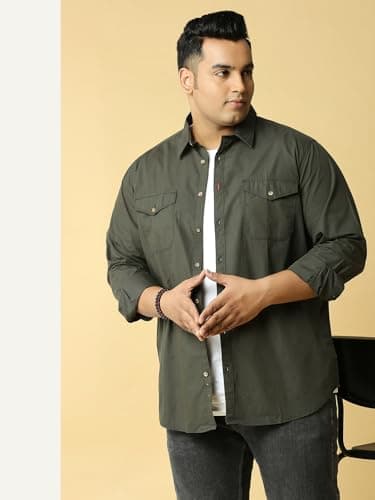 Thomas Scott Mens | Full Sleeve | Solid | Double Pockets | Regular Fit | Plus Size | 100% Cotton | Spread Collar | Casual | Shirts (Olive_5XL) 2